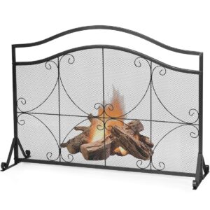 tangkula 44.5” x 33” inch fireplace screen, decorative iron single panel fire spark guard gate w/metal mesh, rustproof solid free standing fire screen for baby or pet safe, outdoor or indoor use