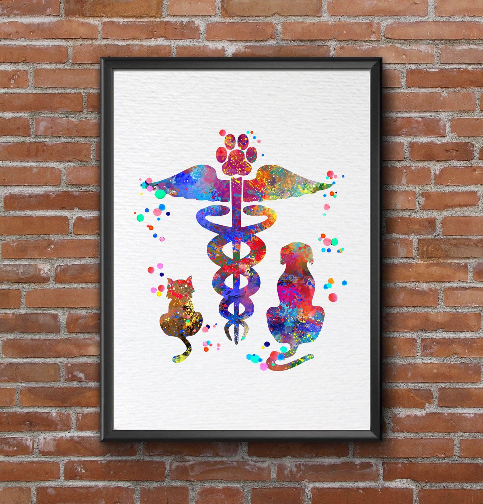 Dignovel Studios 11X14 Unframed Veterinary Caduceus Animal Clinic Pet Watercolor Art Print Poster Housewarming Wall Art Giclee Office Home Decor DN539