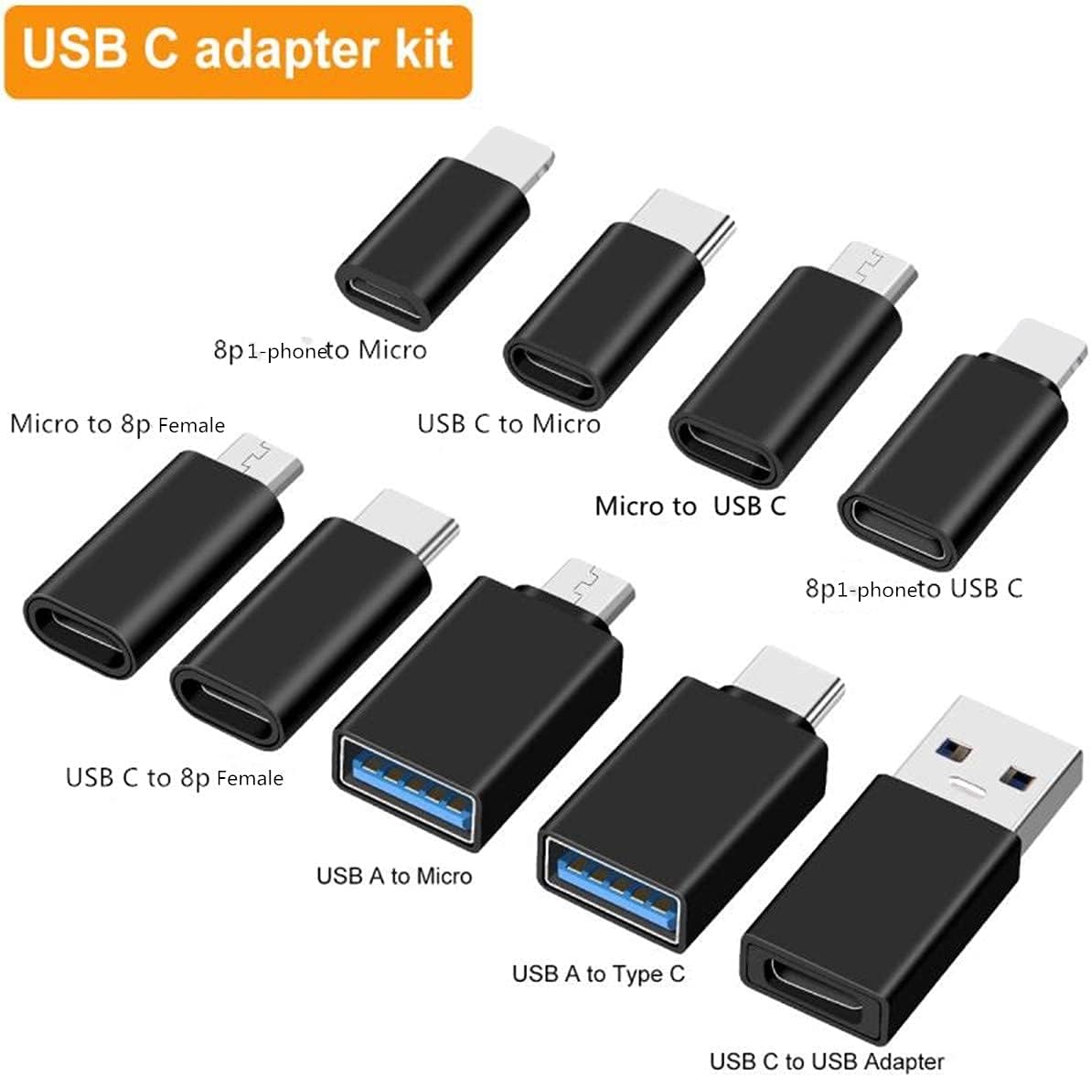 BHSKJSZ 10Piece Type C Adapter Kit, Compatible with Micro-USB/Type-C/USB/1 -p Hone Cable,Foam Insert Travel Case with Carabiner, Includes USB Type C Cable