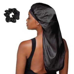 snatched flames double layered satin long bonnet for women with braids, dreadlocks, wigs, or natural hair+includes satin scruchie (black)