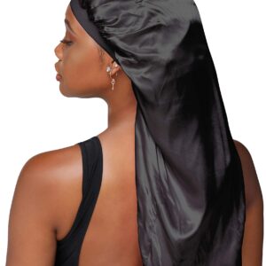 Snatched Flames Double Layered Satin Long Bonnet for Women with Braids, Dreadlocks, Wigs, or Natural Hair+Includes Satin Scruchie (Black)