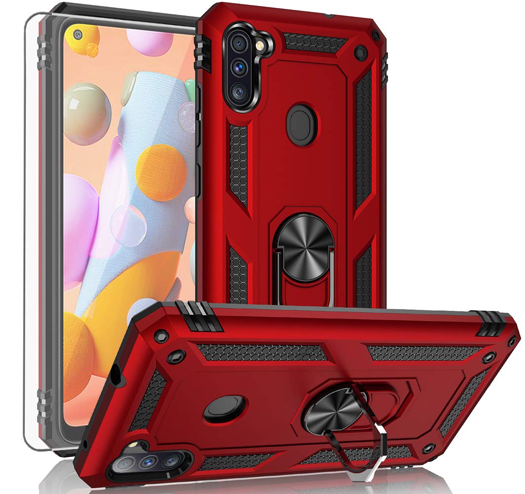 YZOK for Galaxy A11 Case,Samsung A11 Case,with HD Screen Protector,[Military Grade] Ring Car Mount Kickstand Hybrid Hard PC Soft TPU Shockproof Protective Case for Samsung Galaxy A11 (Red)