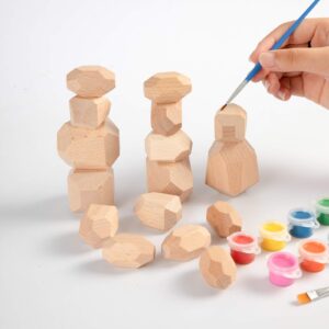 merryheart 16pcs diy wooden balancing stones, wooden building blocks with pigment stacking game, rock blocks educational puzzle toy