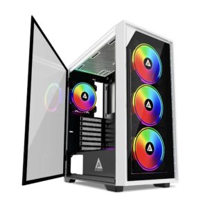 apevia genesis-wh mid tower gaming case with 2 x tempered glass panel, top usb3.0/usb2.0/audio ports, 4 x rgb fans, white frame