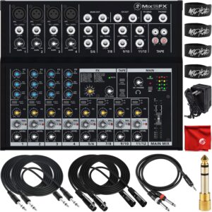 mackie mix12fx 12-channel compact effects mixer bundle with 2x mophead 10-foot trs cable, 2x 10-foot xlr cable, 3-foot 1/4" to 3.5mm ts cable, 1/4" to 3.5mm adapter, 4x cable ties, microfiber cloth
