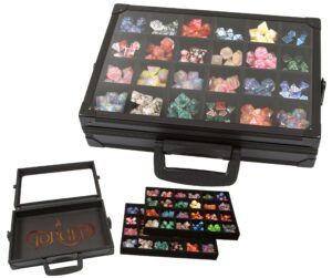 forged dice co. dice display case and rolling tray with 2 removable divided dice trays - storage box holds up to 480 metal or plastic polyhedral dice sets - great for dice collectors or rpg d&d games