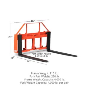 Titan Attachments UA USA Made Orange Pallet Fork Frame Attachment, 60â€ Fork Blades, Rated 4,000 LB