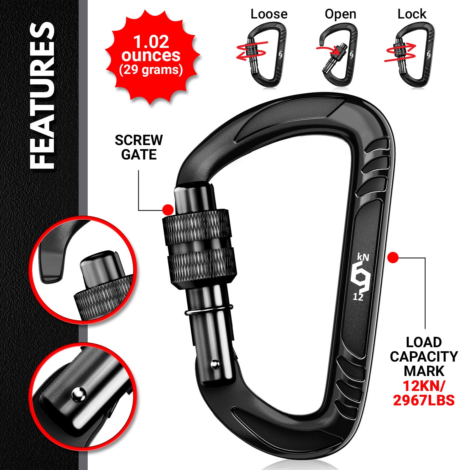 RHINO Produxs 2PCS of 12kN (2697 lbs) Heavy Duty Lightweight Locking Carabiner Clips - Excellent for Securing Pets, Outdoor, Camping, Hiking, Hammock, Dog Leash Harness, Keychains, Water Bottle