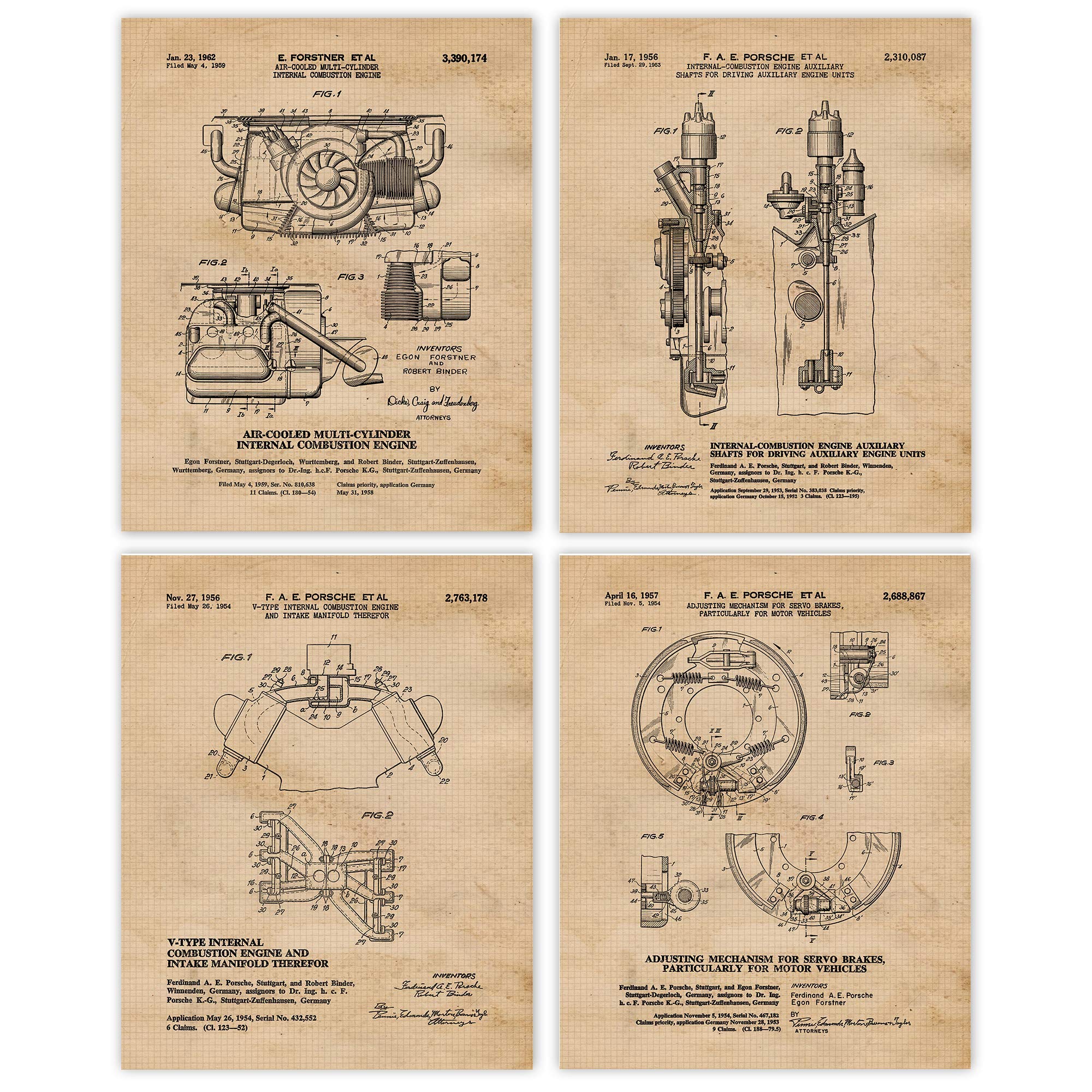 Vintage Engine Parts Patent Prints, 4 (8x10) Unframed Photos, Wall Art Decor Gifts Under 20 for Home Office Porsche Garage Man Cave Engineer College Student Teacher Coach F1 Team Auto Racing Champion