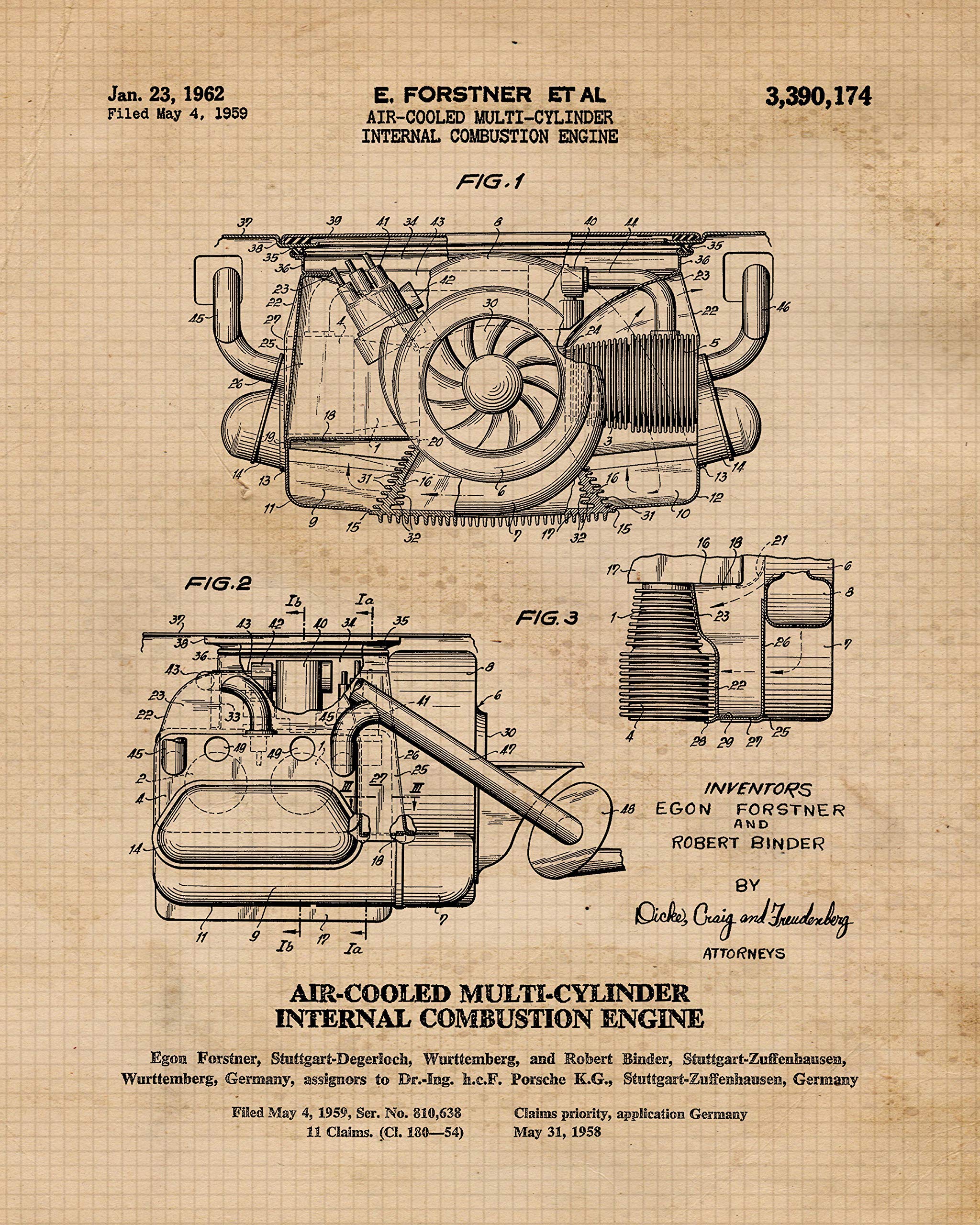 Vintage Engine Parts Patent Prints, 4 (8x10) Unframed Photos, Wall Art Decor Gifts Under 20 for Home Office Porsche Garage Man Cave Engineer College Student Teacher Coach F1 Team Auto Racing Champion