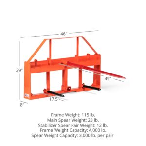 Titan Attachments UA USA Made Orange Hay Frame Attachment, 49" Hay Spear and Stabilizers, Rated 4,000 LB