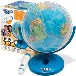 dr. stem toys talking world globe with interactive stylus pen and stand, colorful map for early learning and teaching - includes trivia, q&a, and music - 9 inches in height, ages 6+