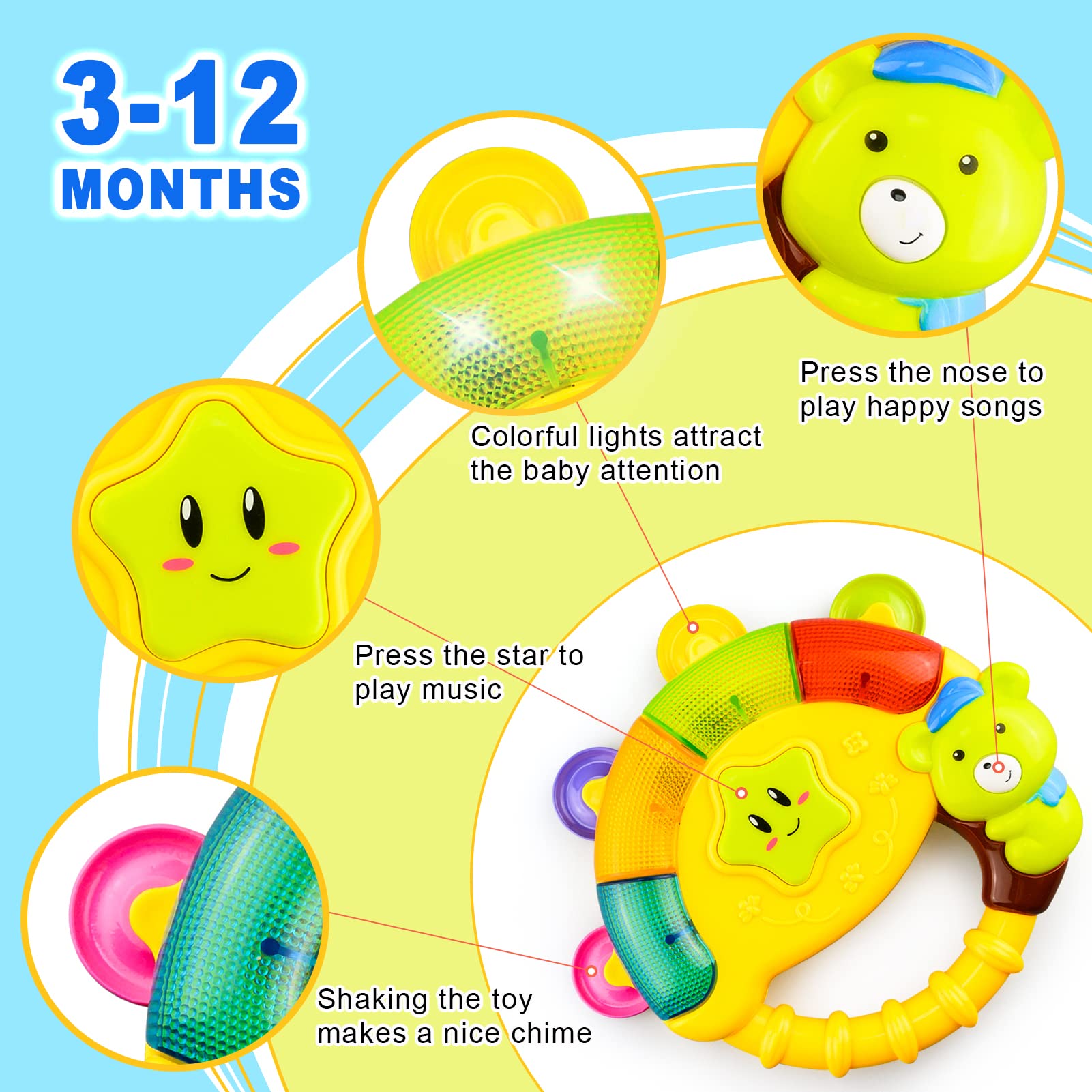 OKREVIEW Baby Rattles Activity Bell Toy - Baby Toy 6 to 12 Months Babies Music Rattles Toy with Song Lighting Modes, Infant Toy Colorful Birthday Gift