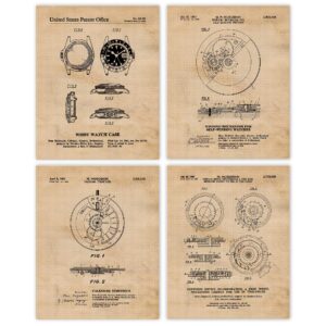 Vintage Watch Mechanicals Patent Prints, 4 (8x10) Unframed Photos, Wall Art Decor Gifts Under 20 for Home Office Studio Garage Shop Man Cave College Student Teacher Omega Rolex Timepiece Fan