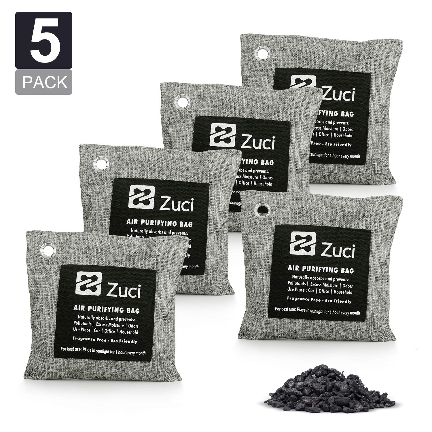 Zuci Pk 5 x 200 Grams Bamboo Charcoal Air Freshener Bags Naturally Activated Charcoal Bags Odor Absorber Car Pets Closet Basement & Litter Car Air Freshener