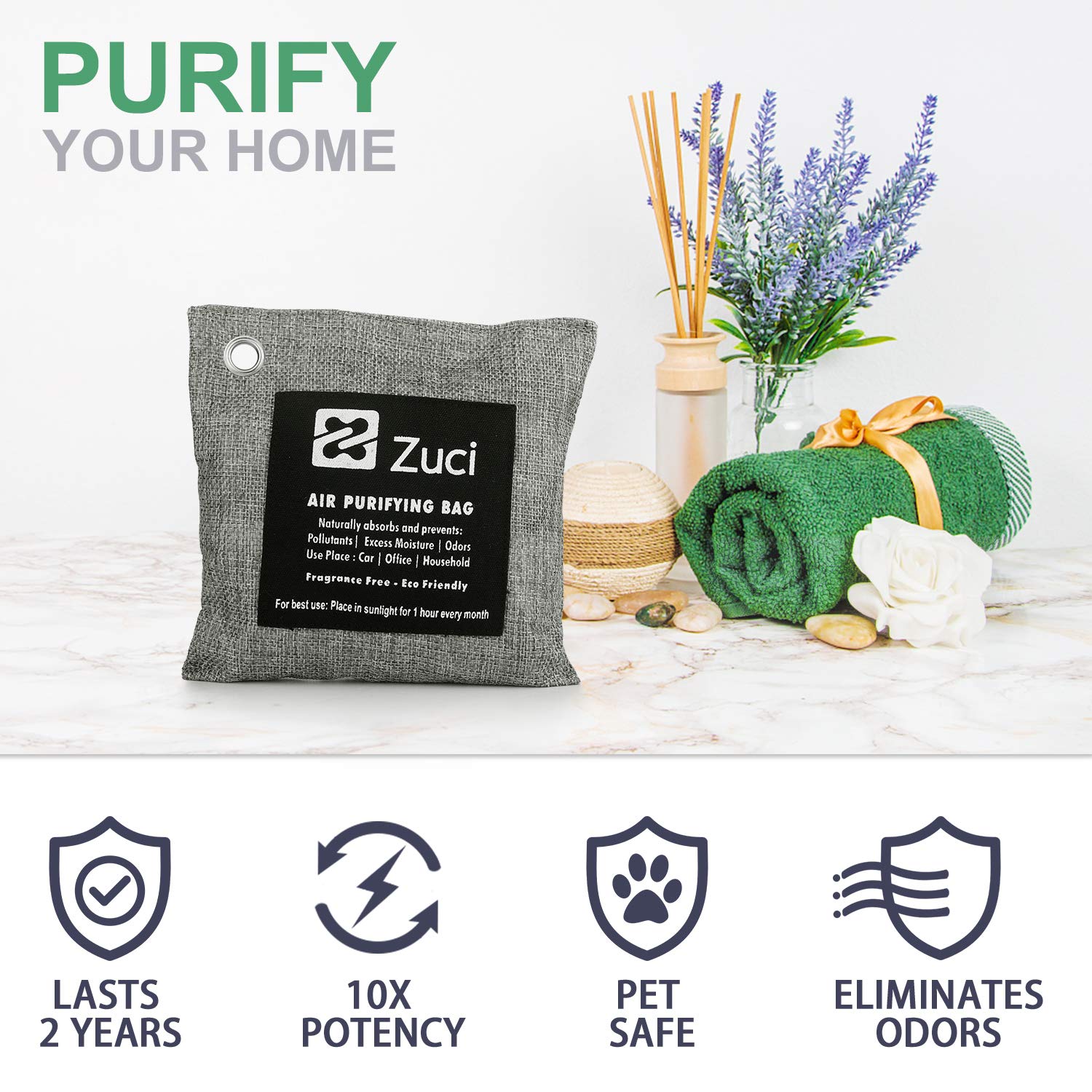 Zuci Pk 5 x 200 Grams Bamboo Charcoal Air Freshener Bags Naturally Activated Charcoal Bags Odor Absorber Car Pets Closet Basement & Litter Car Air Freshener