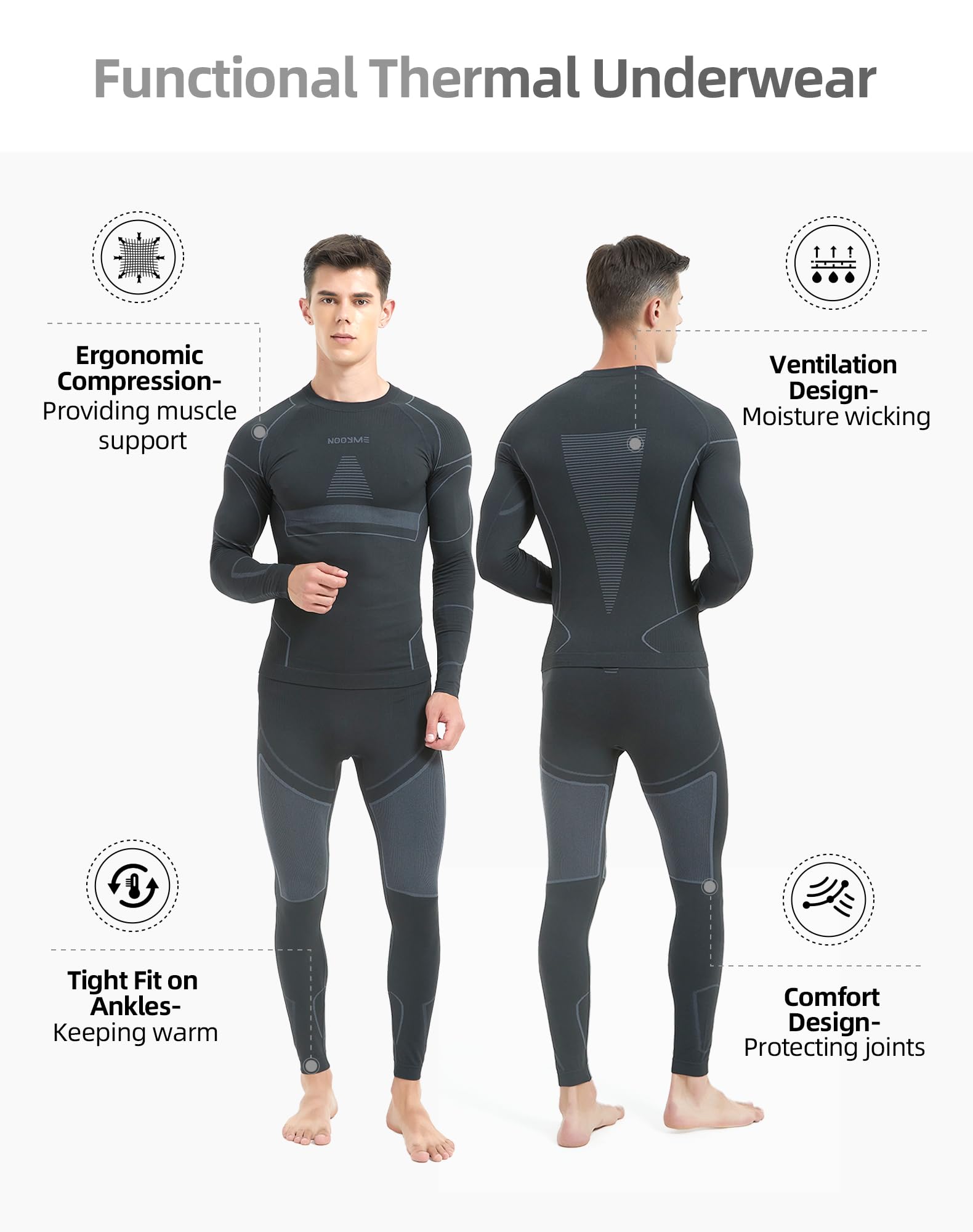 NOOYME Thermal Underwear for Men Long Johns for Men, Long Underwear Mens Base Layer Men for Cold Weather Black-grey