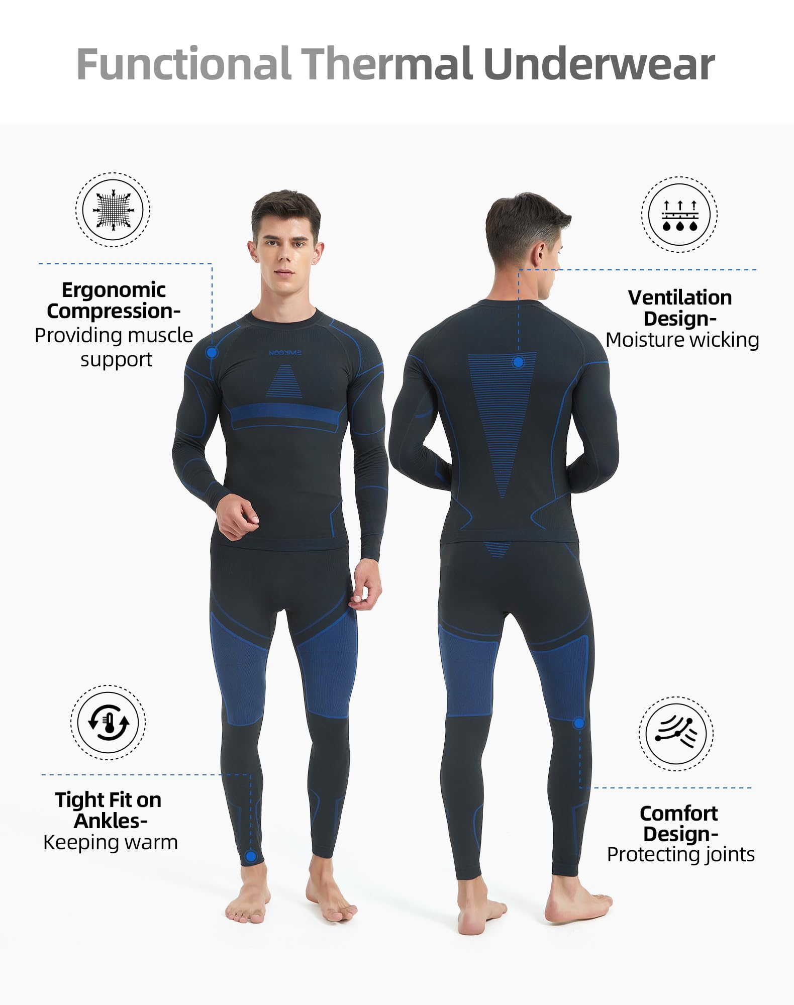 Thermal Underwear for Men Long Johns for Men, Long Underwear Mens Base Layer Men for Cold Weather Black-Blue