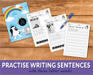 worksheets practise writing sentences using three letter words (4-7 years)