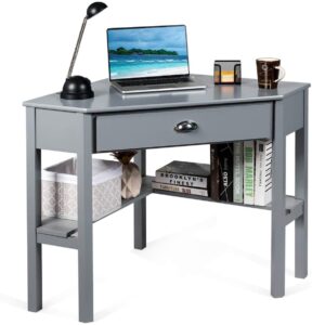 nightcore corner desk for small space, wood corner computer desk, compact writing table w/drawer & storage shelves, space saving study workstation, laptop pc corner table for home office