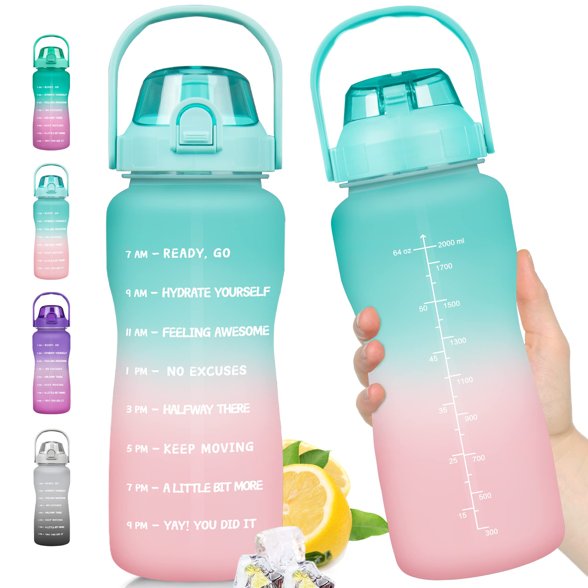 ZOMAKE Half Gallon Water Bottle with Straw & Time Marker - 64 oz Motivational Large Water Jug BPA Free Leakproof Water Bottle Ensure You Drink Enough Water Daily