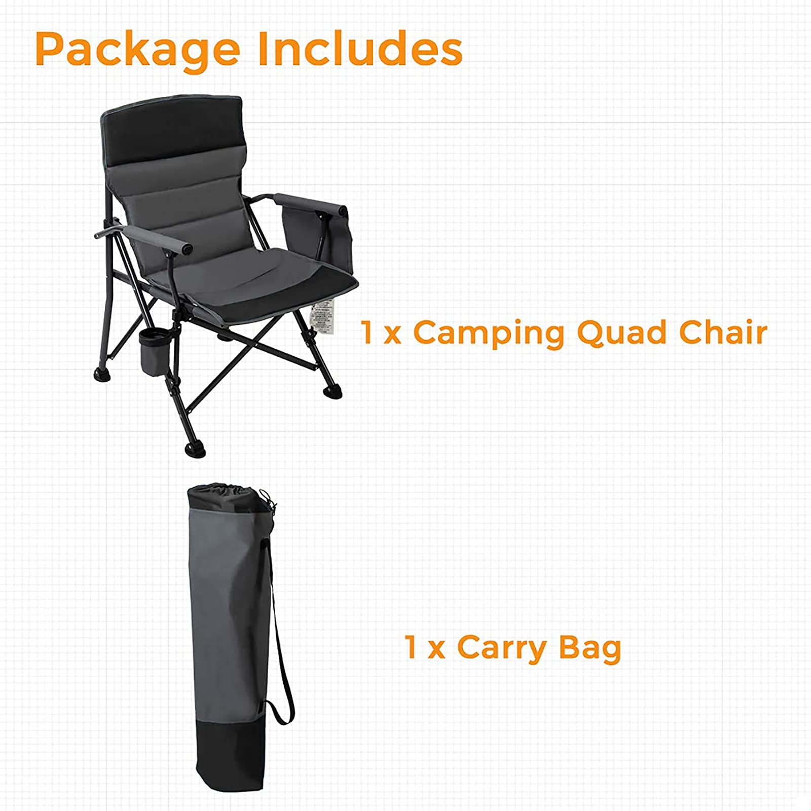 Pacific Pass Heavy Duty Padded Chair w/ Built-In Storage and Cup Holder, Includes Bag - Polyester, Black