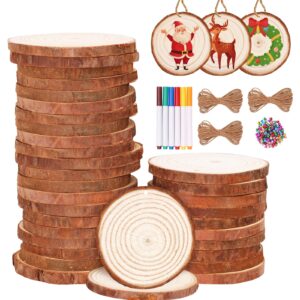 max fun natural wood slices 30pcs 2.4-2.8'' craft wood kit christmas ornaments unfinished predrilled with hole wooden circles for arts and crafts christmas holiday ornaments diy crafts