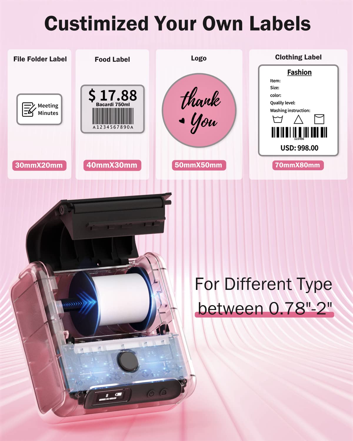 Phomemo M200 Label Makers - 3 Inch 2024 Upgrade M110 Barcode Printer Computer Bluetooth Thermal Label Makers,for Android iOS Windows MAC OS,for Shipping,Labeling,QR Code(Type-C Charger)-Pink