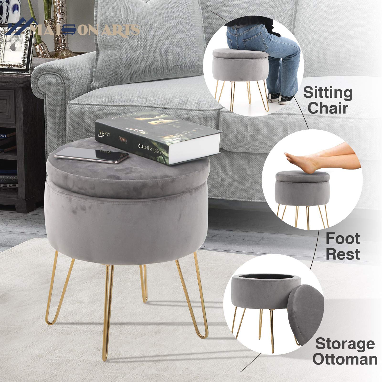 MAISON ARTS Round Storage Ottoman Foot Stool Vanity Stool Tufted Pouf Ottoman Side Table for Living Room Bedroom Seat Dressing Chair Footrest, 4 Legs, Brown