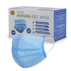 kenko disposable 4-ply face masks, breathable & comfortable filter safety mask, protection mask for dust air pollution (50, blue)