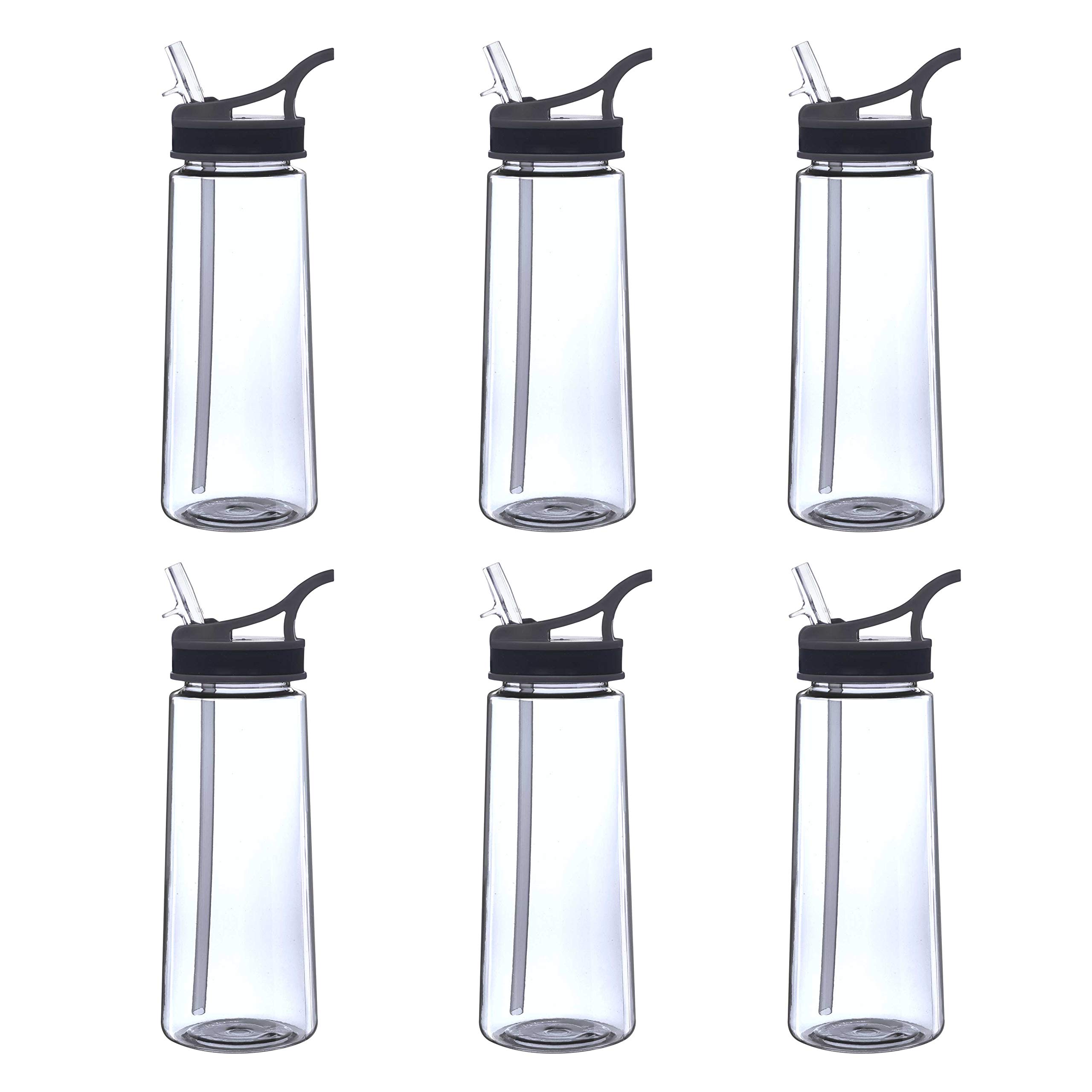 DISCOUNT PROMOS Plastic Sports Bottles with Spill Proof Lids 22 oz. Set of 6, Bulk Pack - Reusable, With Straw, Perfect for Gym, Outdoor Sports, Home, Office - Clear