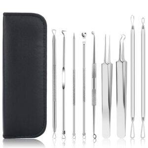 pimple popper tool kit, uubaar 9 pcs blackhead remover tools with tweezers, 16-heads professional acne zit pimple popper extraction tools, whitehead comedone extractor kit for facial nose