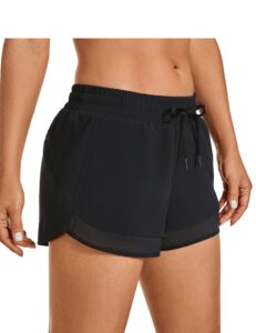 crz yoga women's mid rise running shorts mesh liner 3'' - quick dry drawstring workout athletic gym shorts zip pocket black large
