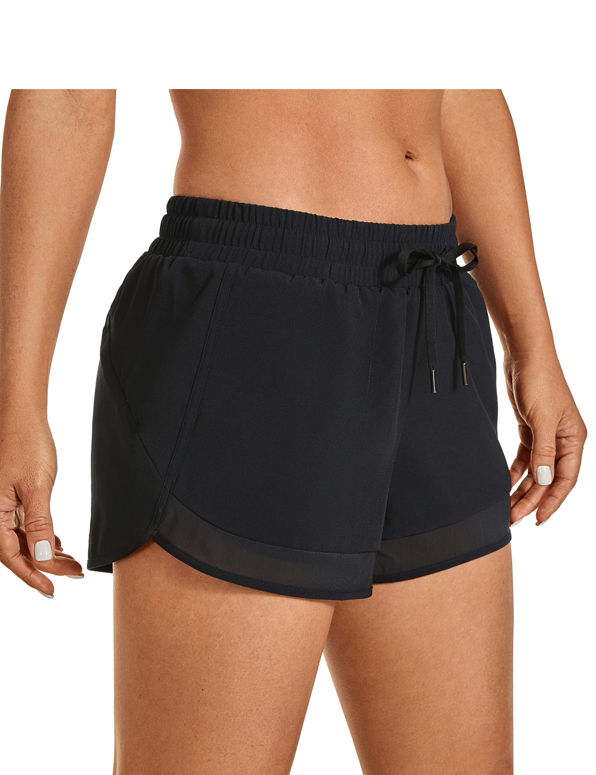 CRZ YOGA Women's Mid Rise Running Shorts Mesh Liner 3'' - Quick Dry Drawstring Workout Athletic Gym Shorts Zip Pocket Black Large