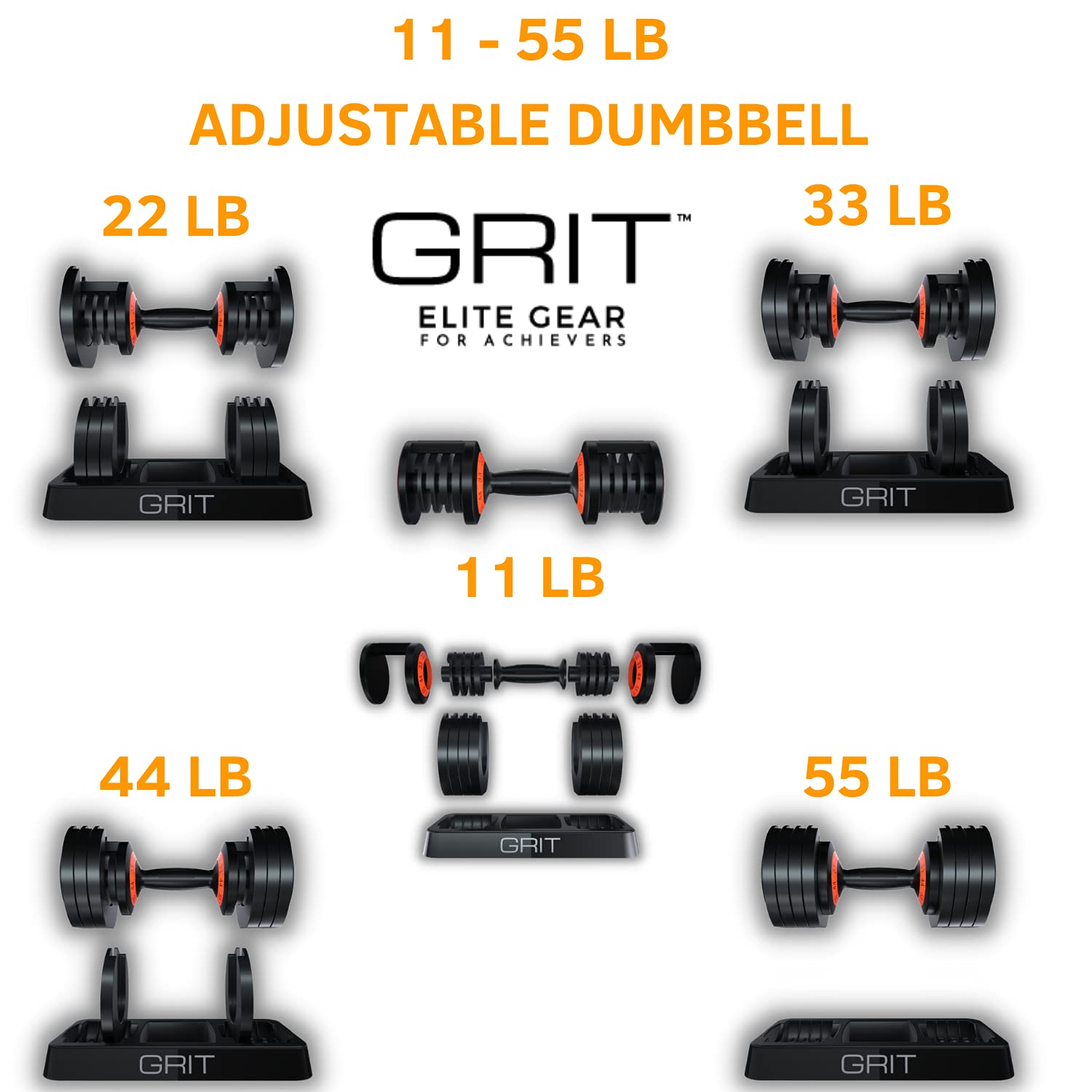 GRIT Adjustable Dumbbells Set - 11 to 55 Lbs Fast Adjusting Dial Weights - Workout Exercise, Strength Training and Core Fitness at Home or Gym for Men and Women - Easy Removable Plates, Tray 2 Pack