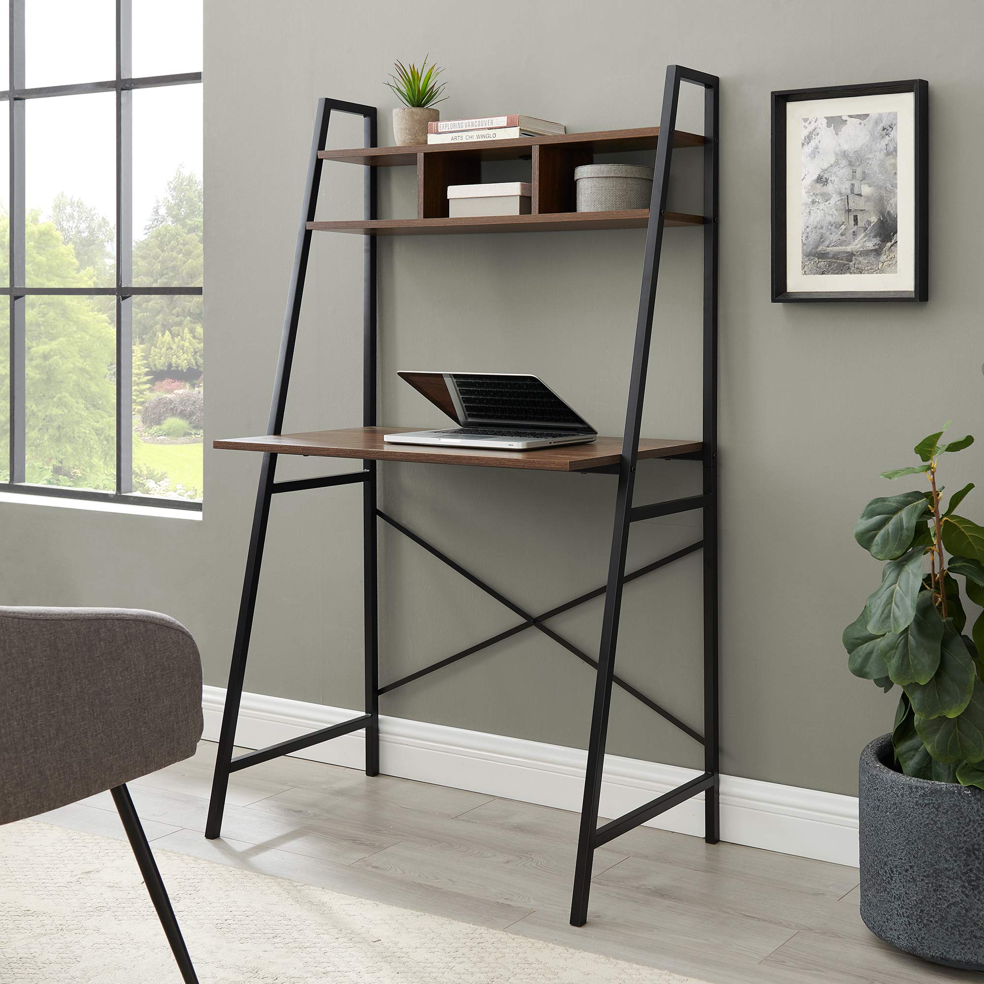 Walker Edison Industrial Wood and Metal X-Back Ladder Desk Home Office Workstation, 56 Inch, Grey Wash