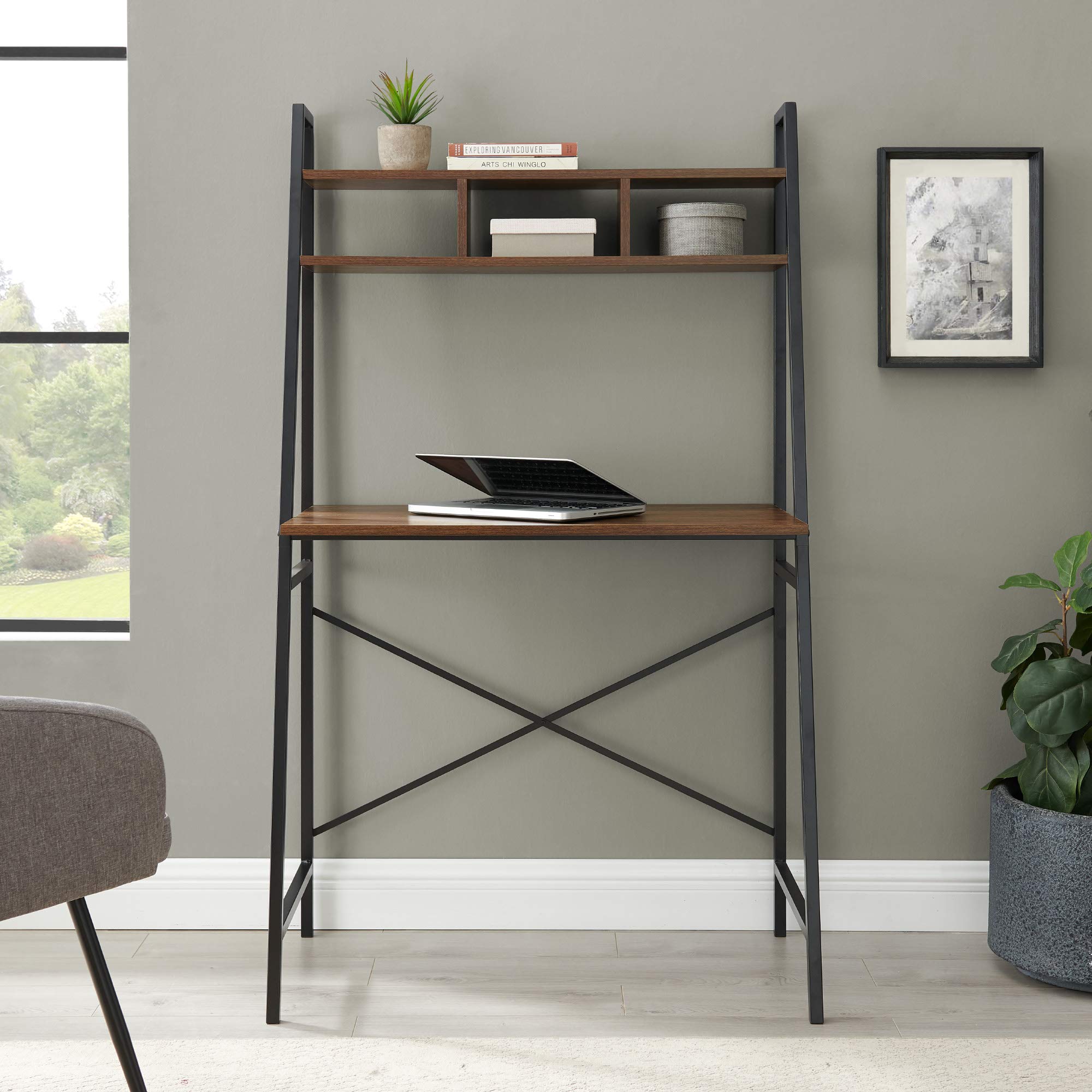 Walker Edison Industrial Wood and Metal X-Back Ladder Desk Home Office Workstation, 56 Inch, Grey Wash