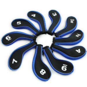 dbyan 10pcs number printing long sleeve golf club iron covers head covers set with zipper for irons taylormade ping callaway mizuno cobra,black/blue
