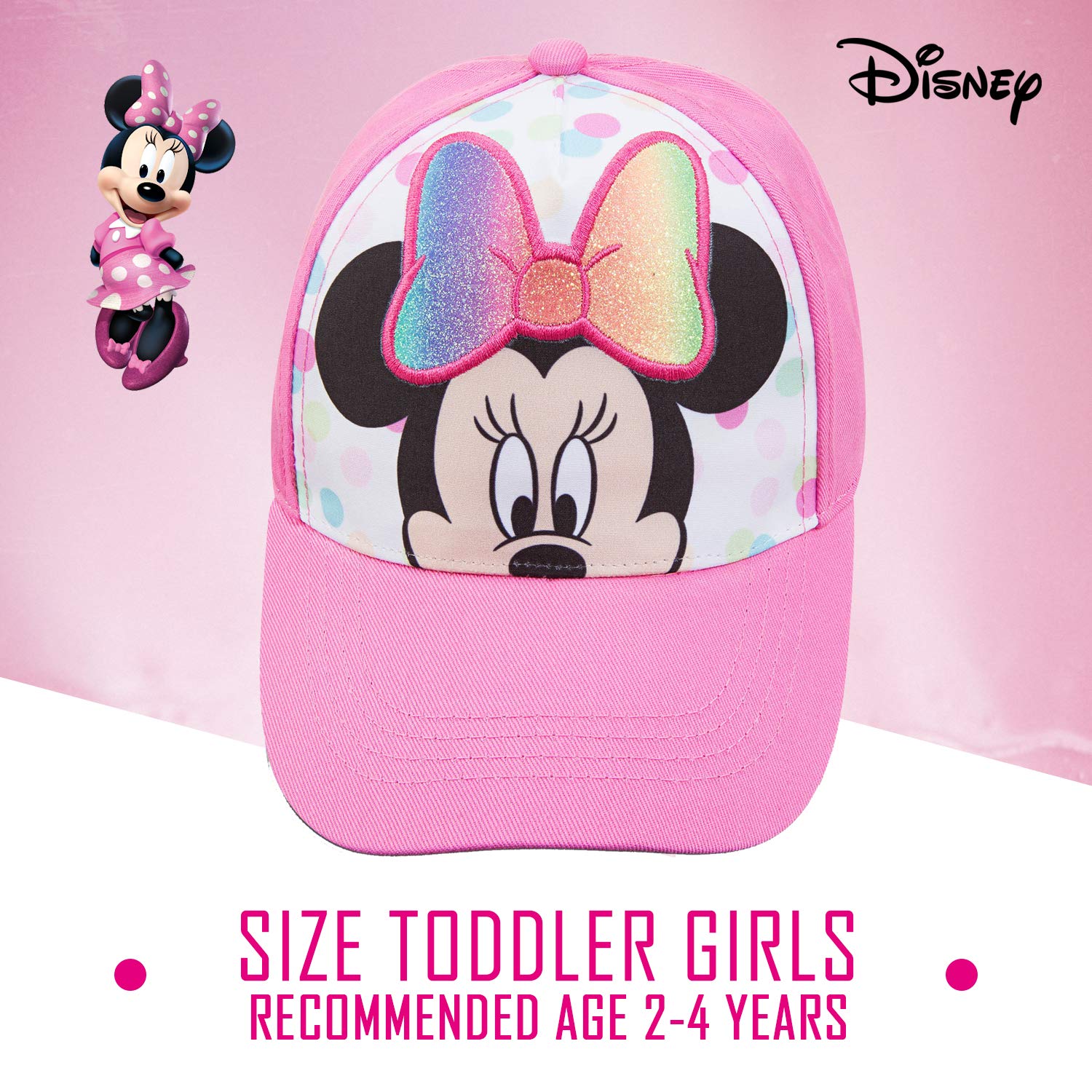 Disney Minnie Mouse Toddler Girls Pink Baseball Cap - Many Styles - Ages 2-4 Years - Adjustable Velcro Closure (Pink/White)