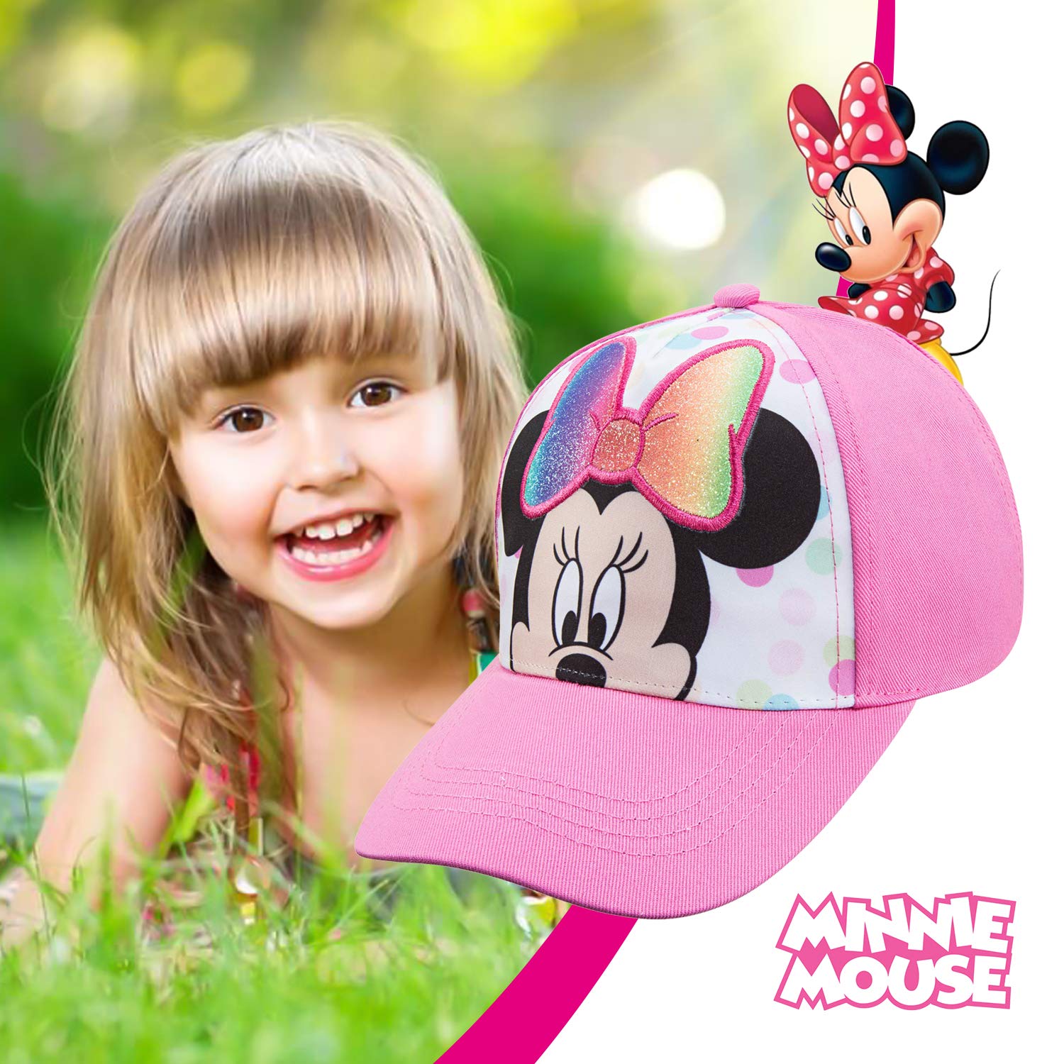 Disney Minnie Mouse Toddler Girls Pink Baseball Cap - Many Styles - Ages 2-4 Years - Adjustable Velcro Closure (Pink/White)