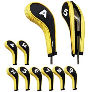 dbyan 10pcs number print long sleeve golf club iron covers head covers set with zipper for irons taylormade ping callaway mizuno cobra,black/yellow