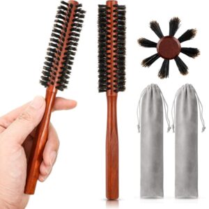 2 Pieces Small Round Hair Brush Mini Bristle Beard Brush for Men Women with 2 Piece Drawstring Bags for Thin or Short Hair