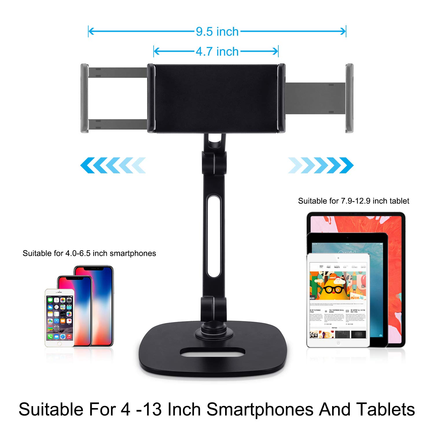 B-Land Adjustable Tablet Stand, Desktop Tablet Holder Mount Foldable Phone Stand with 360° Swivel Phone Clamp Mount Holder, Compatible with 4-13" Tablets/Phones,Nintendo Switch, Kindle (Black)