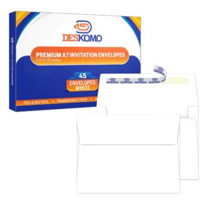 deskomo 5x7 envelopes, pack of 45 mailing a7 envelopes self seal, printable white envelopes for 5x7 cards, weddings, invitations, postcards, photos and announcements