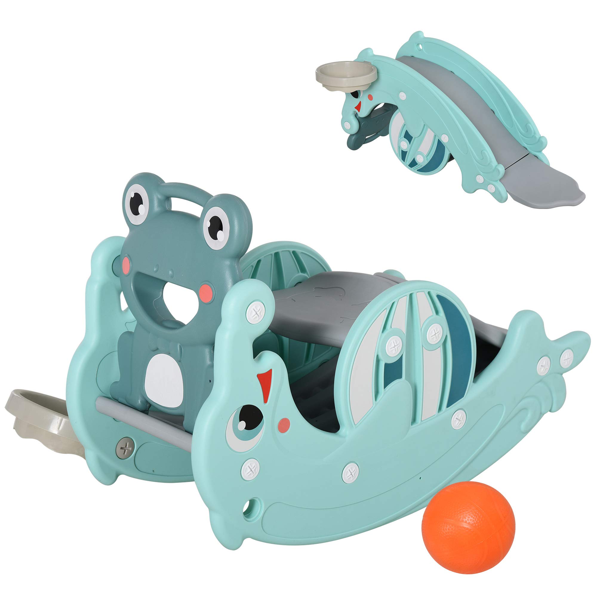 Qaba 3-in-1 Kids Portable Slide Rocking Horse Toy with Basketball Hoop for Age 1.5-3 Boys and Girls, Mint Green