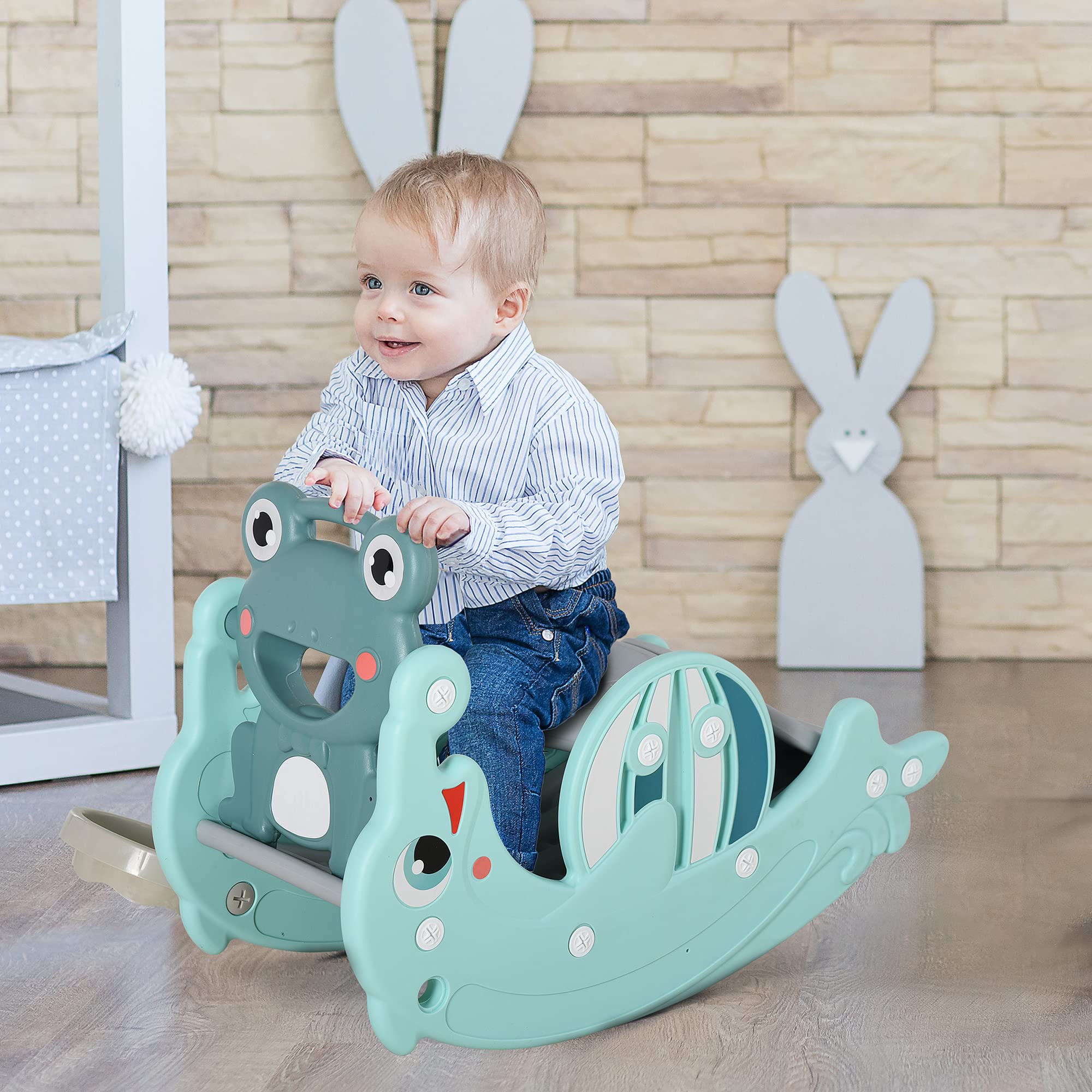 Qaba 3-in-1 Kids Portable Slide Rocking Horse Toy with Basketball Hoop for Age 1.5-3 Boys and Girls, Mint Green