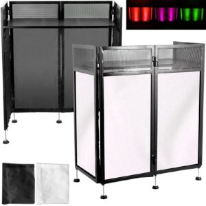 happybuy 20x40x45 inches dj facade table station, dj booth flat table top 20x40 inch, adjustable dj event facade with white & black scrim, folding dj booth metal frame, foldable cover screen