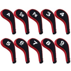 dbyan 10pcs number print long sleeve golf club iron covers head covers set with zipper for irons taylormade ping callaway mizuno cobra,black & red