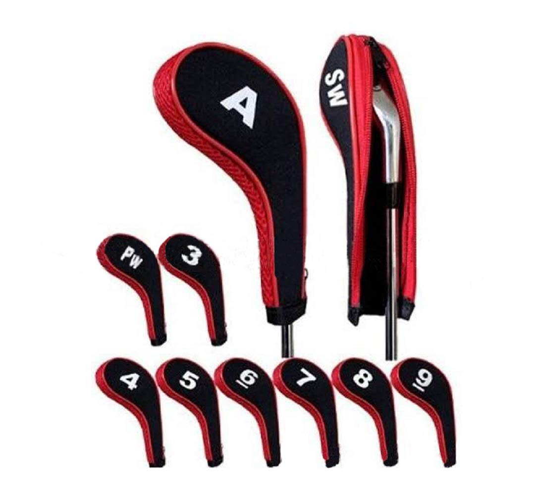 DBYAN 10pcs Number Print Long Sleeve Golf Club Iron Covers Head Covers Set with Zipper for Irons Taylormade Ping Callaway Mizuno Cobra,Black & Red