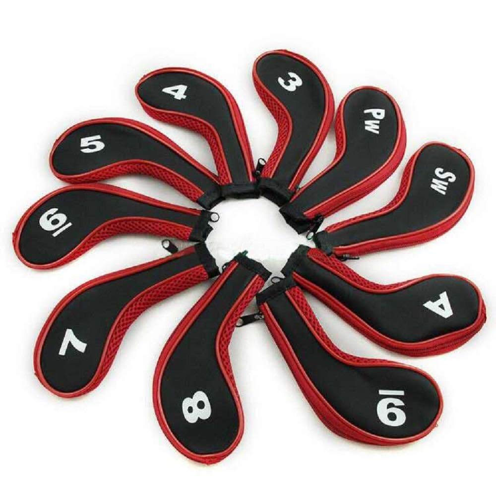 DBYAN 10pcs Number Print Long Sleeve Golf Club Iron Covers Head Covers Set with Zipper for Irons Taylormade Ping Callaway Mizuno Cobra,Black & Red